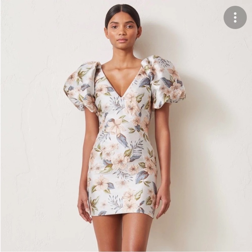 BEC + BRIDGE Blue & Pink Textured Floral Jacquard Plunging V Poofy Sleeve Dress - Picture 5 of 16